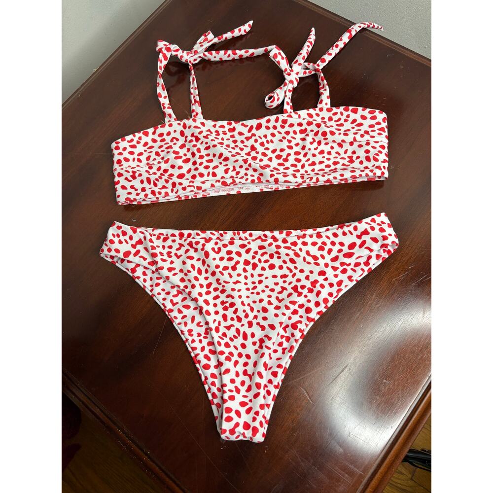 Red & White Dalmatian Cow Print Tie-Strap Bikini Set - Size Medium